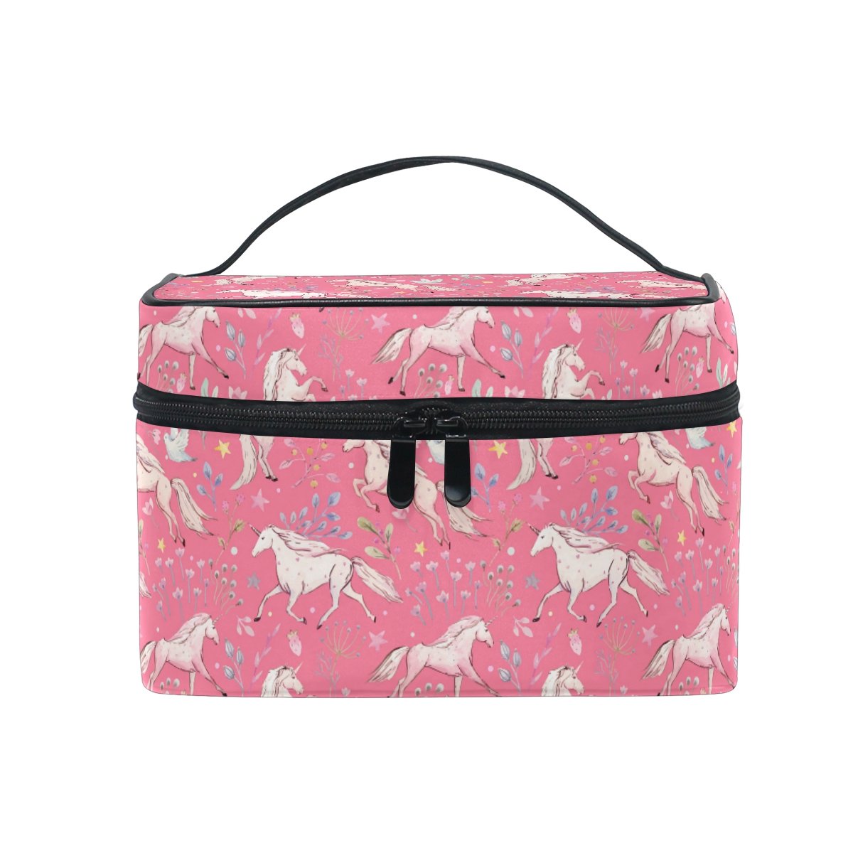 Alazamakeup Bag Unicorn Floral Pattern Print Cosmetic Toiletry