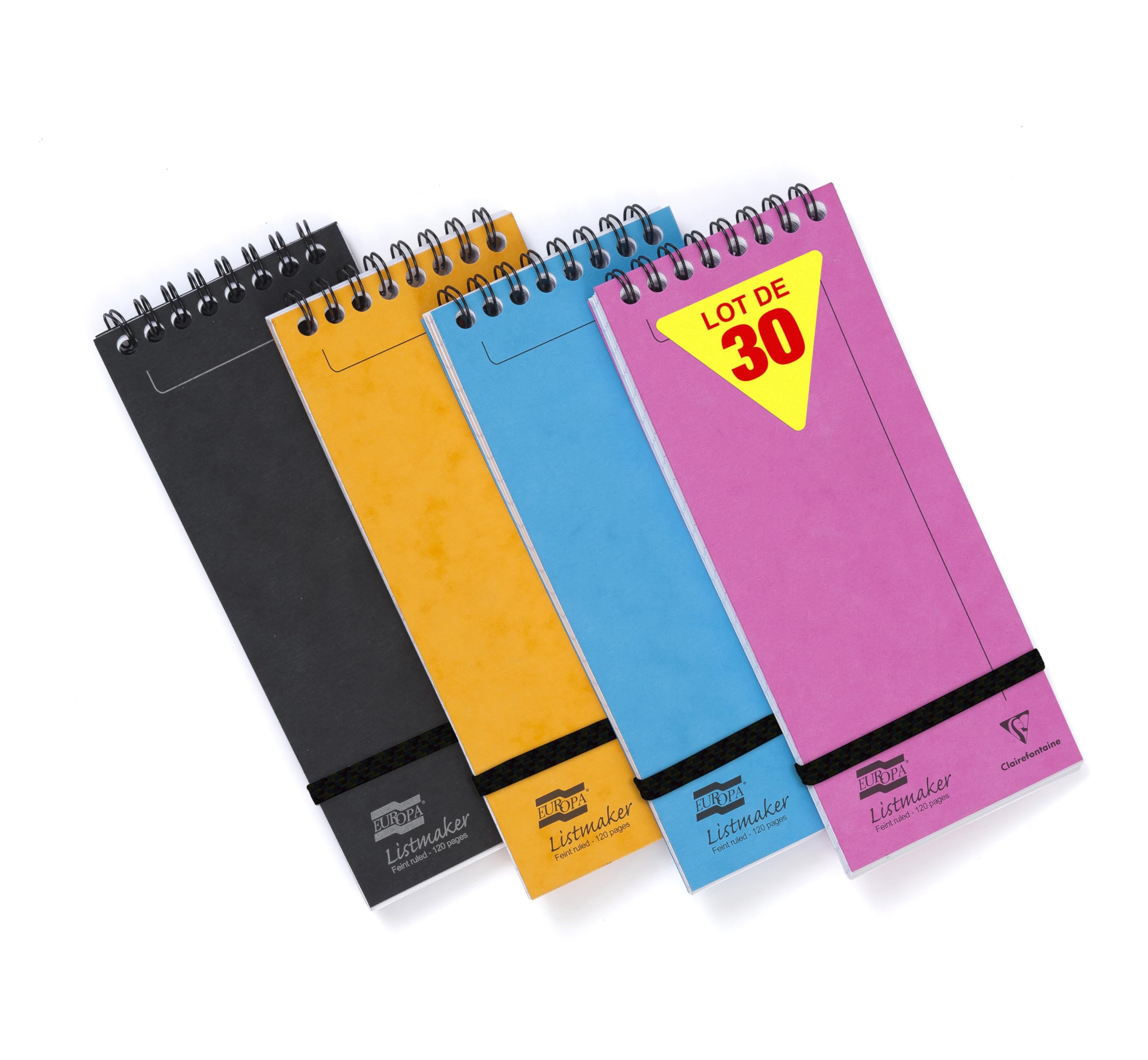 Clairefontaine 482/1110Z Set of 30 Listmaker Europa Spiral Header Shopping Pads 7,6x18 - 120 Lined Pages - 90g White Paper - Glossy Card Covers Random Colours