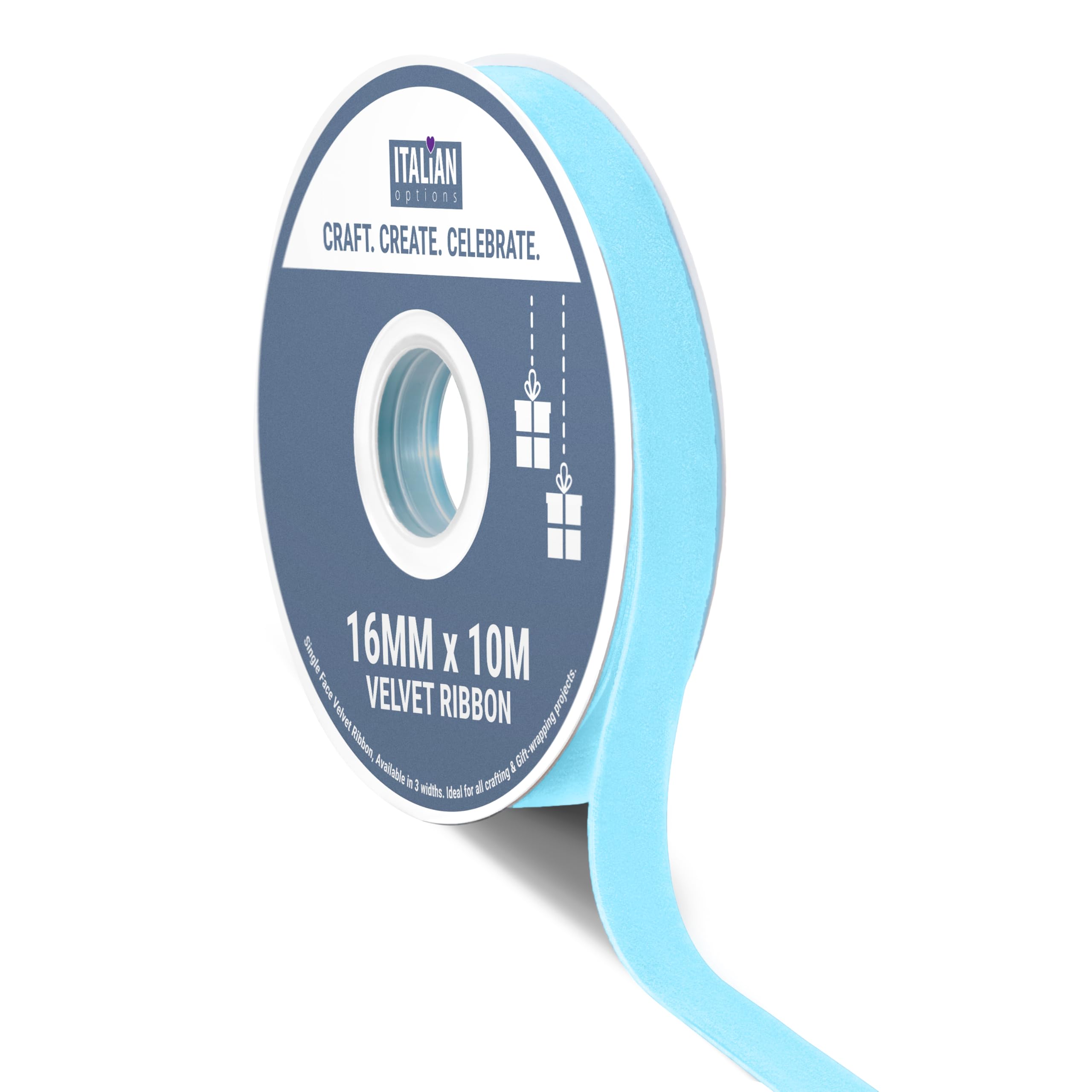 Italian Options Velvet Ribbon, Luxury, Single-Face Velvet Ribbon for Crafting, Christmas, Bows, Hair, Cakes, Weddings, Ornaments, Gift Wrapping, Flowers, 16mm x 10 Metre Roll, Soft Blue