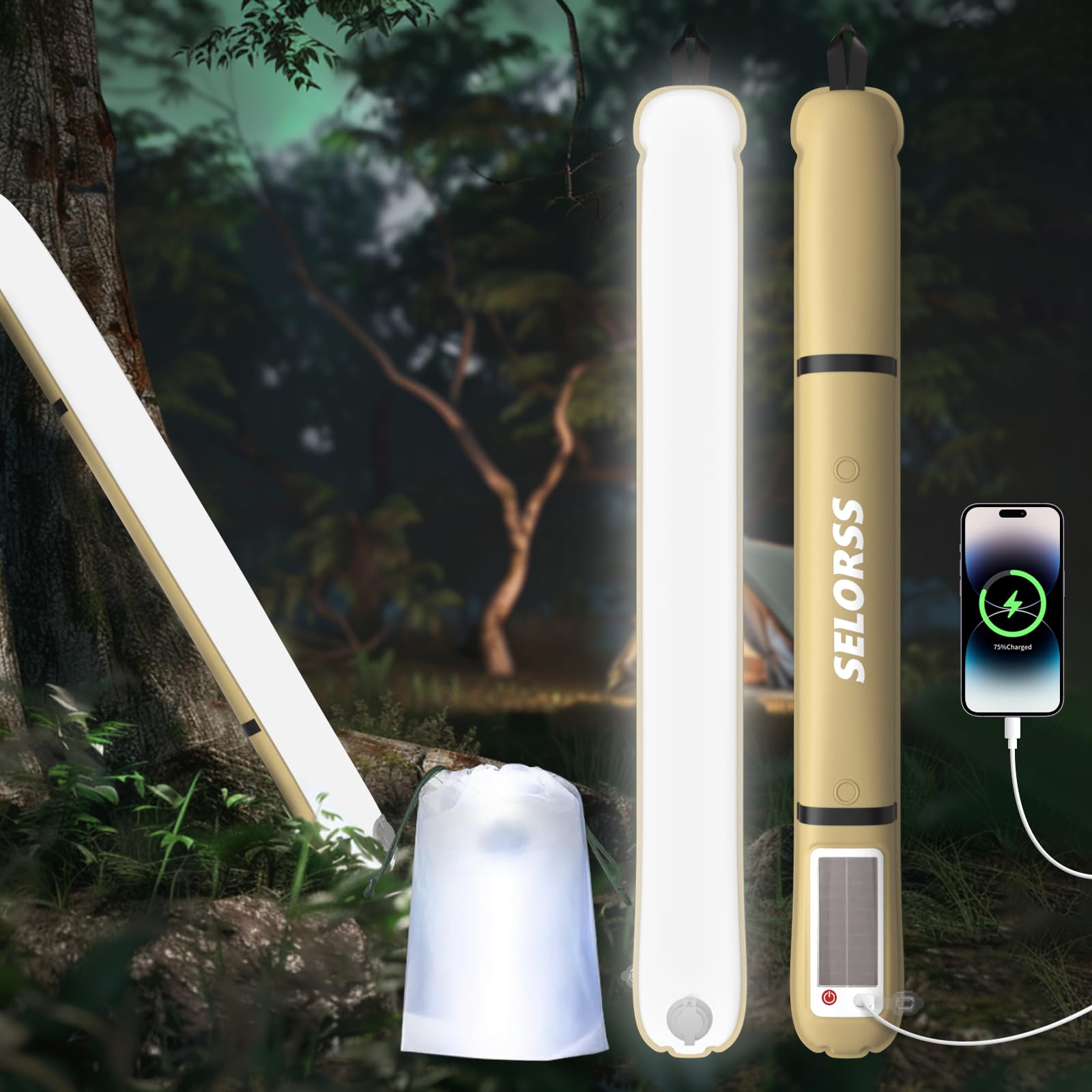 SELORSS Solar Inflatable Camping Lights 33.86IN/86CM Foldable Outask Telescopic Lamp, Portable Outdoor 2000mAh LED Light IP66 Waterproof with White Light for Camping, Hiking, Travel, Festival - KaKi