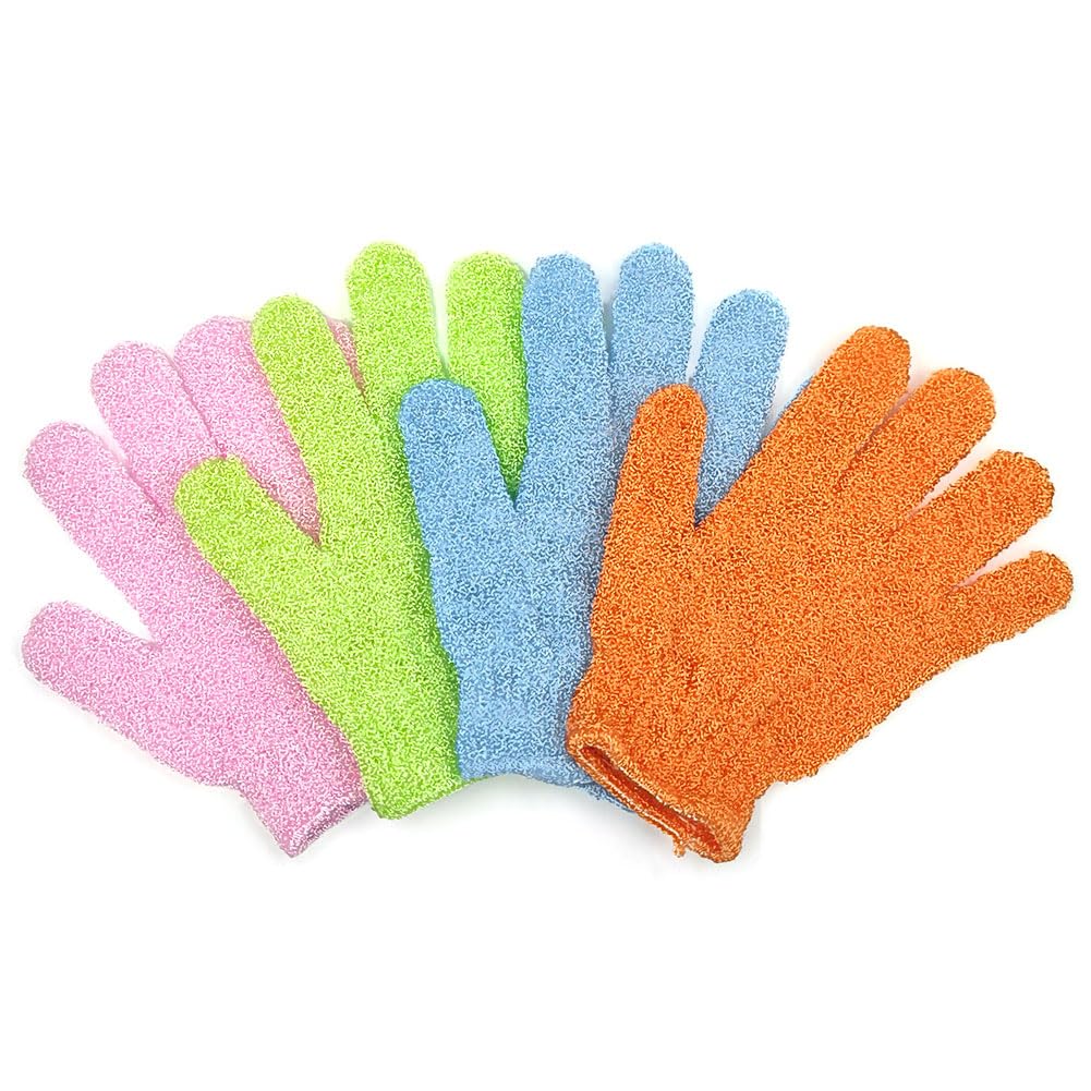 MIETONG Exfoliating Gloves 4 pieces (Pink/Blue/Orange/Green) Shower Bath Gloves for Shower Hydrotherapy Massage and Dead Skin Removal Loofah Body Scrubber for Men and Women Deep Body Exfoliation