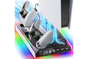 Fenolical PS5/PS5 Slim/Pro Stand with Adjustable Cooling Fan for PlayStation Consoles, PS5 Cooling Stand for PS5/PS5 Slim/Pro, PS5 Cooling Station with Dual Controller Chargers and RGB Light