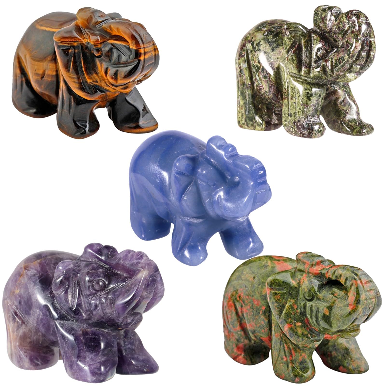 mookaitedecor Set of 5 Natural Healing Crystal Elephant Ornaments Figurines 1.5", Small Carved Crystal Animal Good Luck Elephant Gifts Set Statue Sculpture Cute Room Decor