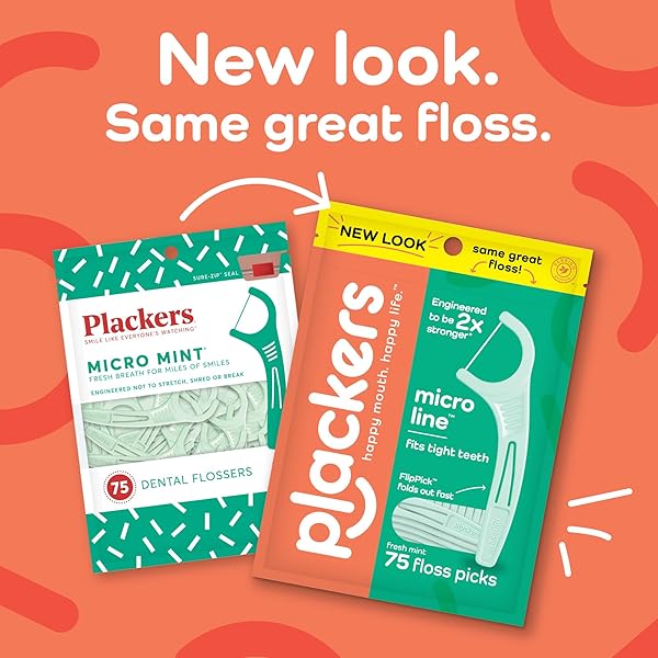 PLACKERS MICRO LINE DENTAL FLOSS PICKS, FOLD-OUT FLIPPICK, TUFFLOSS, EASY STORAGE WITH SURE-ZIP SEAL, FRESH MINT FLAVOR, 300 COUNT