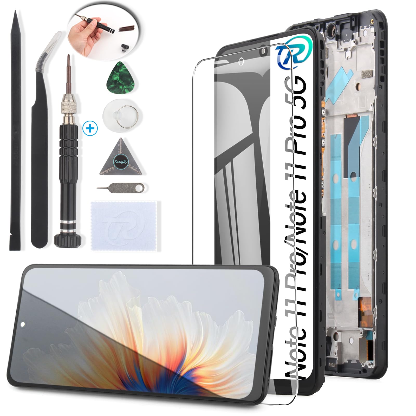 RongZy Display for Xiaomi Redmi Note 11 Pro LCD Screen Replacement Touch Display Digitizer Assembly for Xiaomi Redmi Note 11 Pro 5G with Kit(Black with Frame)