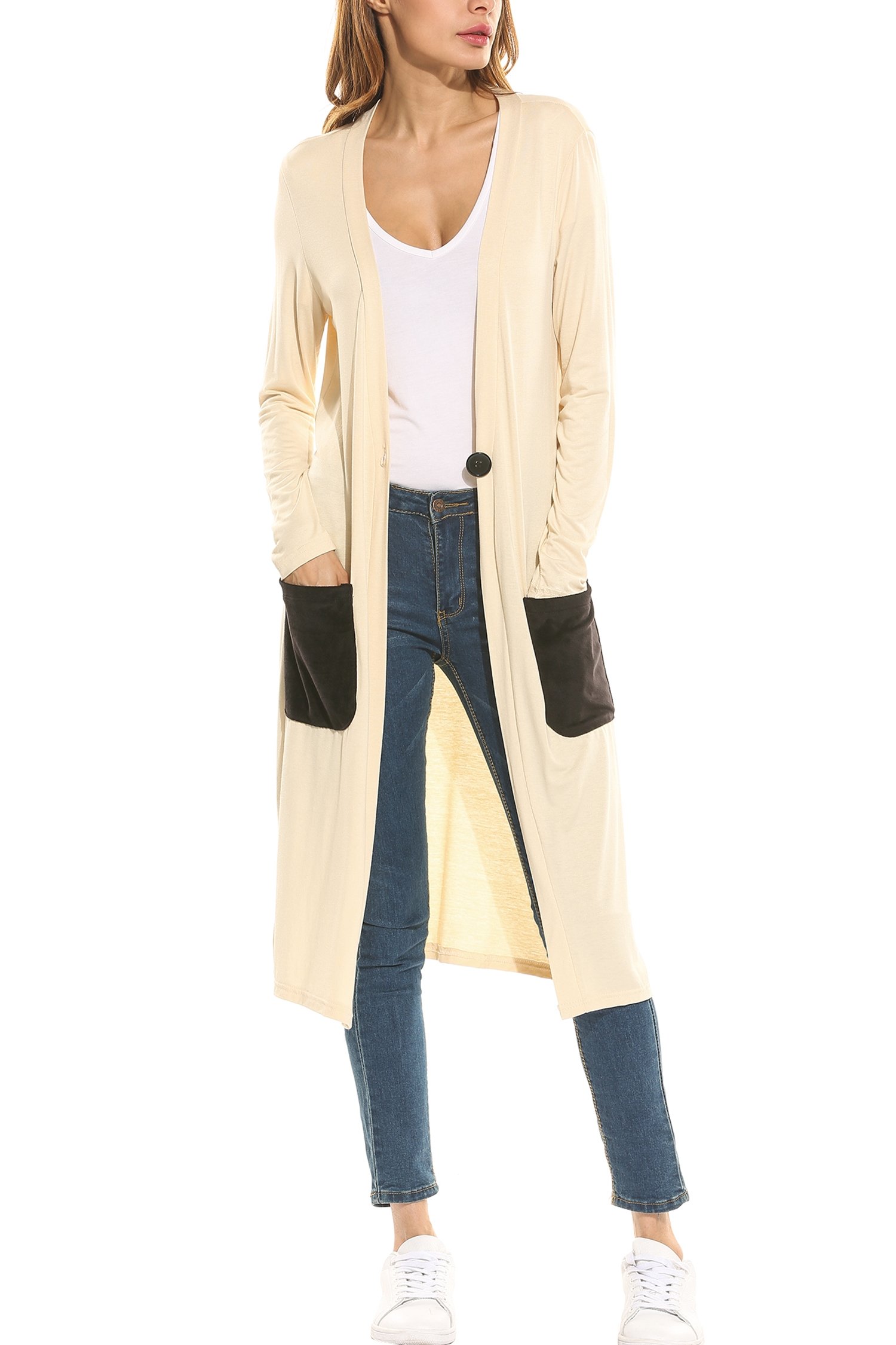 Meaneor Women\'s Open Front Long Sleeve Waterfall Classic Knit Cardigan Off White M