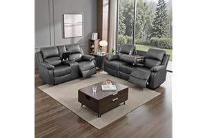 Caberryne Leather Recliner Sofa Set, 2 Pieces, Black, Modern Style, for Living Room/Office/Theater Seating