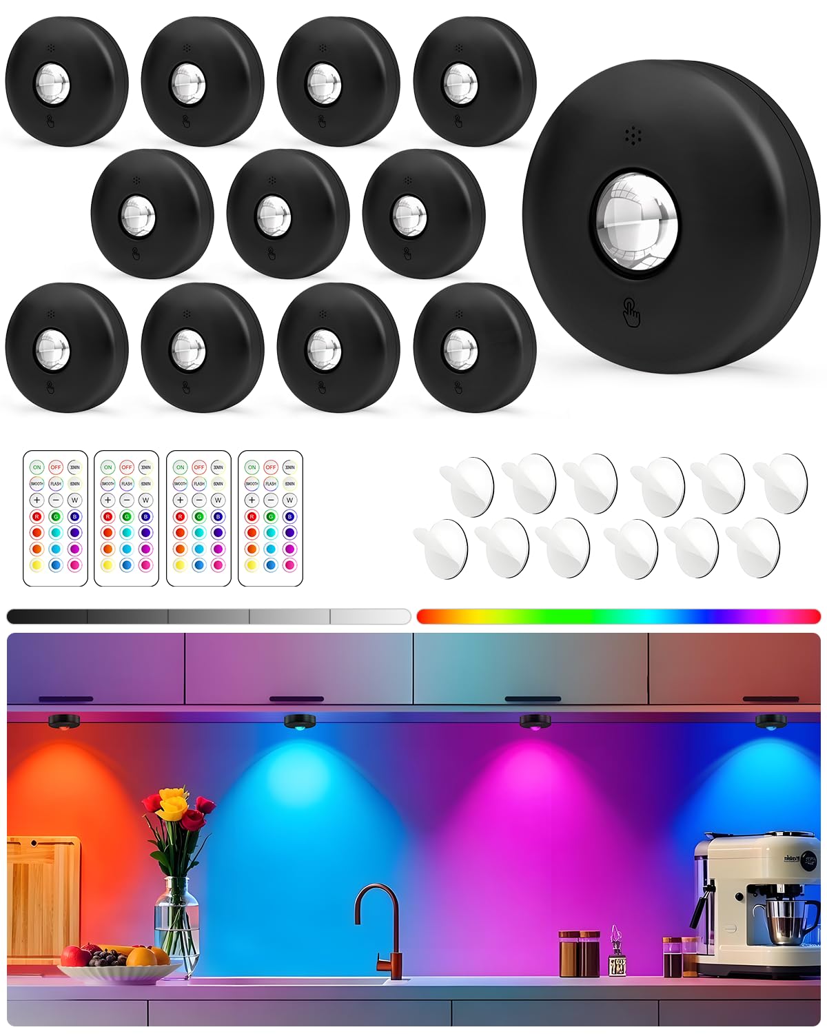 Photo 1 of Yiliaw LED Puck Lights with Remote, Magnetic AAA Battery Operated Light, Under Cabinet Lighting, Tap Lights with Dimmer & Timmer for Kitchen, Closet, Shelf - 12 Pack, Black