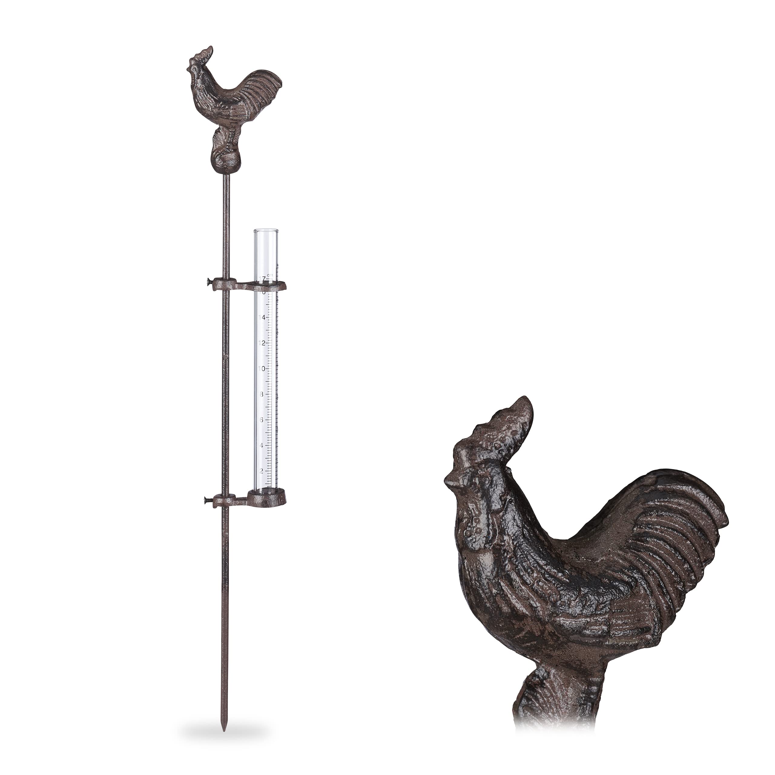 Relaxdays Rain Gauge Cockerel, Stake, Precipitation Measurement, 17 cm, 7”, Glass Container, Metal, Bronze