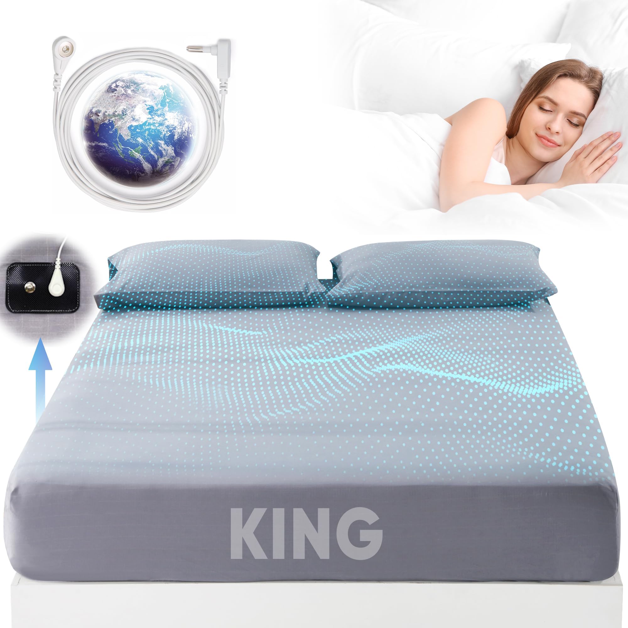 Photo 1 of Grounding Sheets King Size, 95% Organic Cotton + 5% Pure Silver Fiber, Grounding Sheet Earth Connected Bedding (King - 77"x 80"x 13" Gray) Fitted Earth Sheets with Grounding Cord
