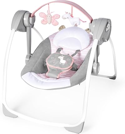 Ingenuity Comfort 2 Go Portable Swing 6-Speed 0-9 Months Pink Flora Unicorn