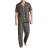WDIRARA Men's Plaid Pajama Set Short Sleeve Button Down Pants Pjs Set 2 Piece Sleepwear