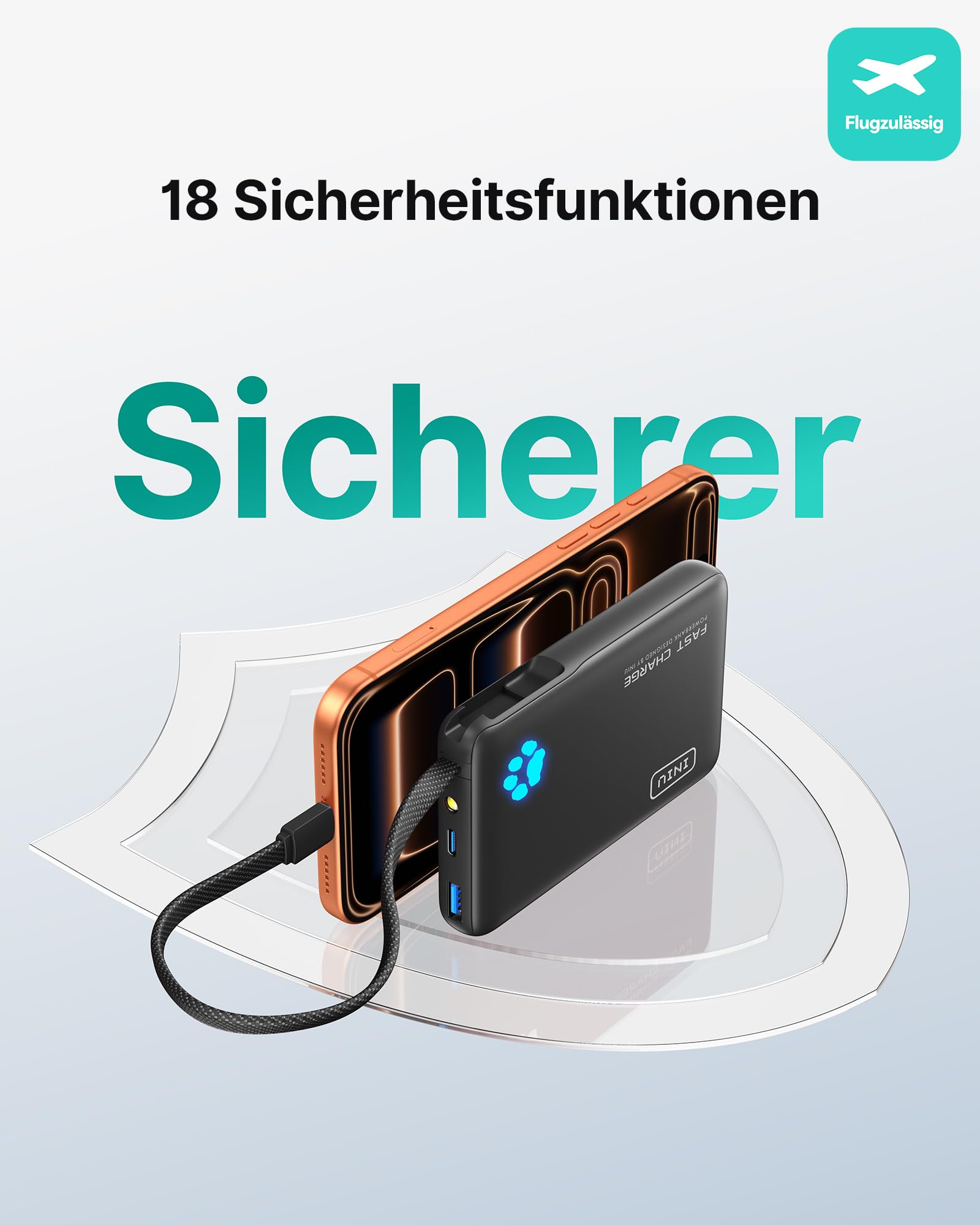 INIU Power Bank, 45W Schnellladen Mini Größe PowerBank, 10000mAh Externe Handyakkus mit Integriertem USB C Kabel, Flugzeug Geeignet, Reise Essential für iPhone 17 16 15 14, Xiaomi, Samsung, iPad, etc. 6