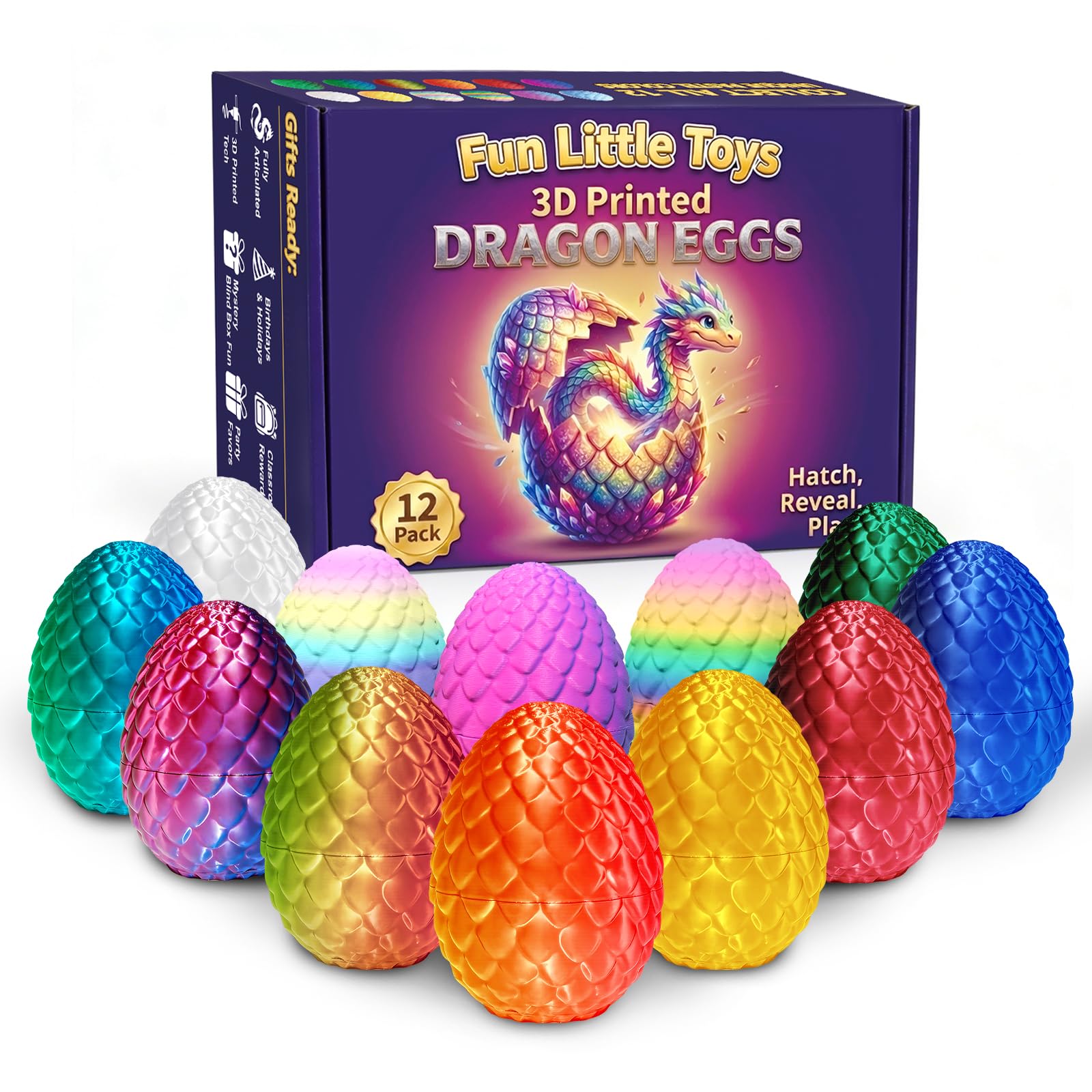 12 Pack 3D Printed Dragon Eggs, Prefilled Easter Eggs with Dragon Toys, Non-Candy Hunt Fillers, Easter Basket Stuffers, Party Favors & Classroom Prizes for Kids
