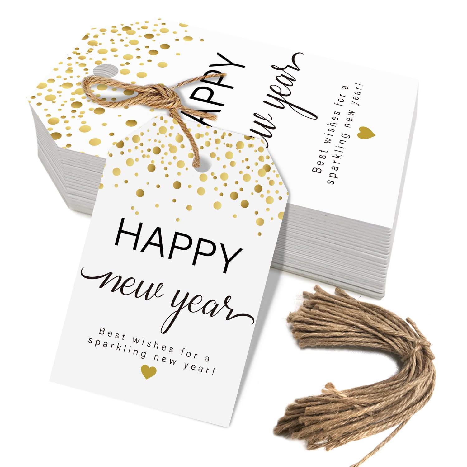 Photo 1 of 50Pcs Happy New Year Gift Tags with String, Gold Confetti NYE Favor Tags for 2026 New Year's Eve Party Wrapping Decoration