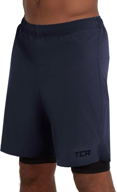 TCA Ultra 2 in 1 Compression Shorts Men Navy Black XL with Zip Pocket