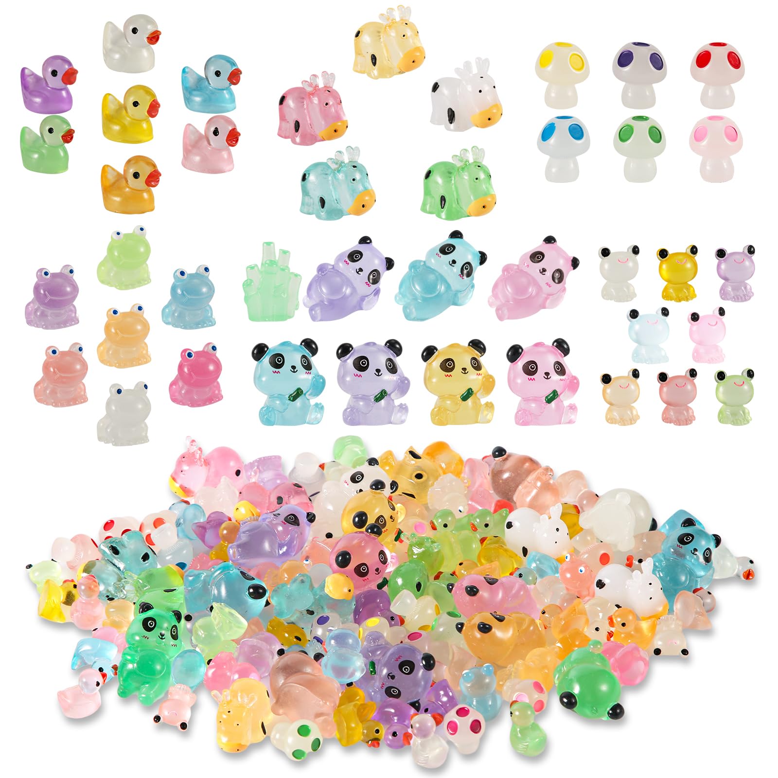 111pcs Glow Resin Animals, Luminous Miniature Mini Resin Figurines Glow in the Dark Duck Panda Frog Cow Mushroom Tiny Toy Resin Animal for Landscape Garden Dollhouse Decoration