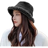 Peicees Winter Fluffy Bucket Hat for Women Fuzzy Warm Bucket Hat with Faux Fur Reversible Fisherman Cap