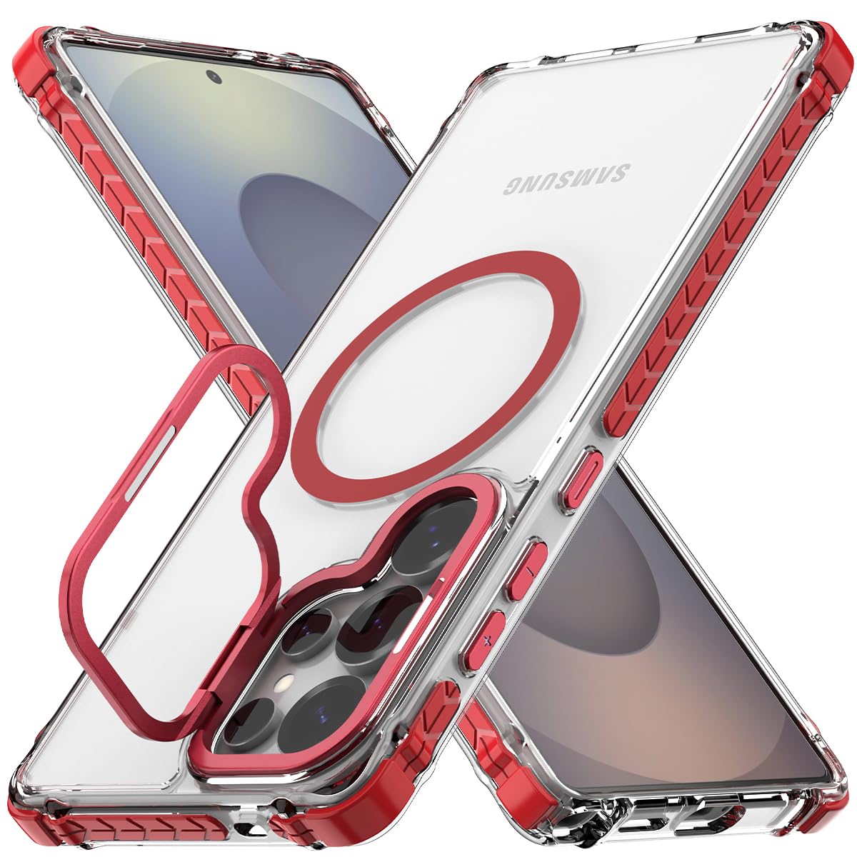 Nvollnoe for Samsung S25 Ultra Case Compatible with MagSafe Military Grade Shockproof Heavy Duty Protective Adjustable Kickstand Ultra Clear Magnetic Phone Case for Samsung S25 Ultra(Red)
