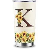 CENDARTE Sunflower Gifts for Women - Personalized Gifts for Women - Birthday Gift for Woman - Mothers Day Gift for Mom - Monogrammed, Initial 20oz Travel Cup Insulated Tumbler with Lid, K
