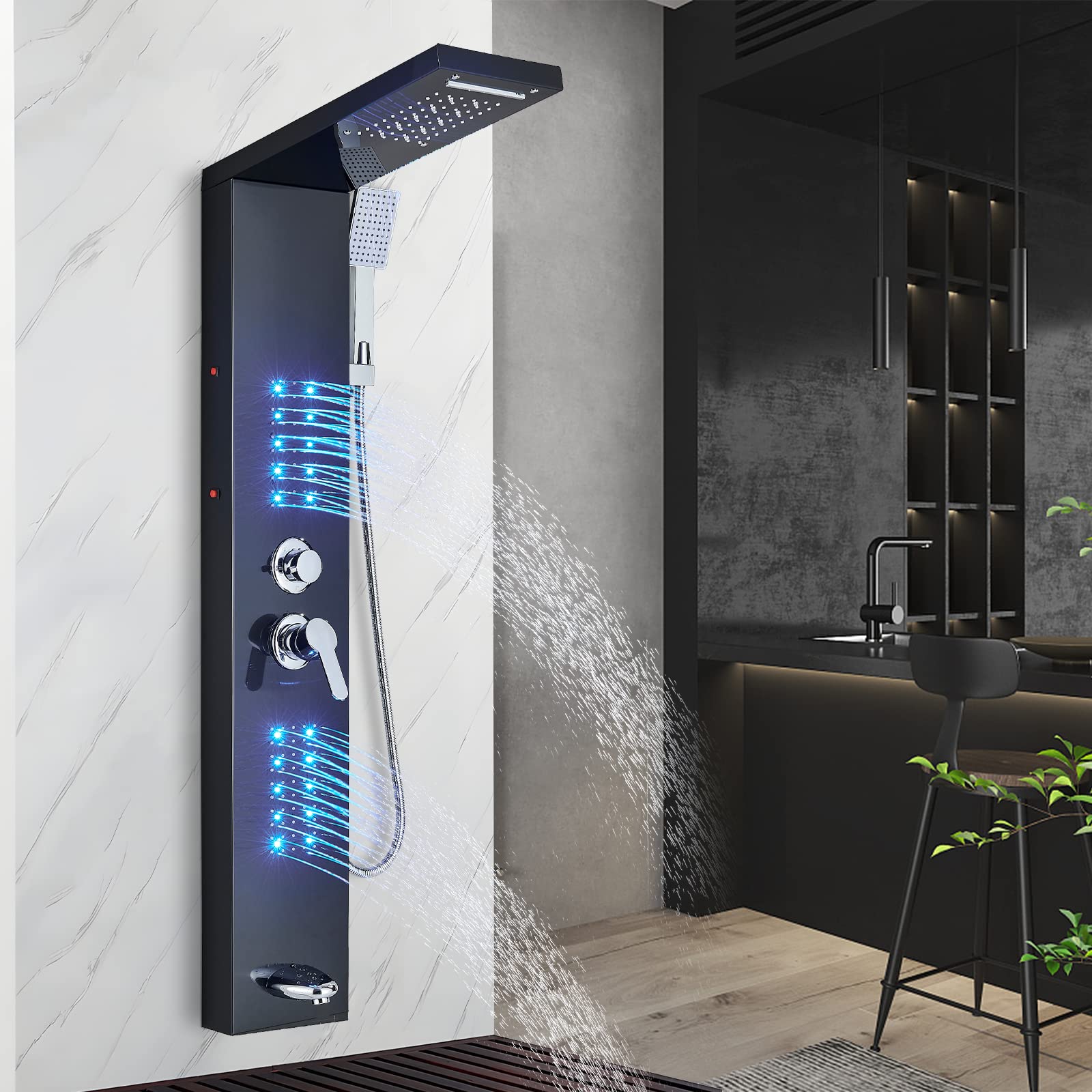 TVTIUO-Columna-de-Hidromasaje-LED-Negra-Columna-Ducha-Acero-InoxidableSistema-de-Ducha-5-funciones-Set-Ducha-de-Bano