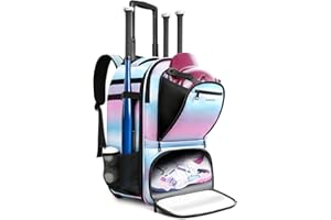 AUROTIER Rolling Baseball Backpack with Off-road Wheels, Wheeled Catchers Gear Bag for Baseball Equipment, 4 Bats, Large Softball Bag for TBall, Helmet & Accessories with Fence Hook