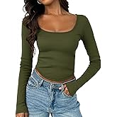 Tankaneo Womens Long Sleeve Shirts Ribbed Knit Fitted Crop Tops Going Out Square Neck Spring Fall Trendy Casual Basic Tees