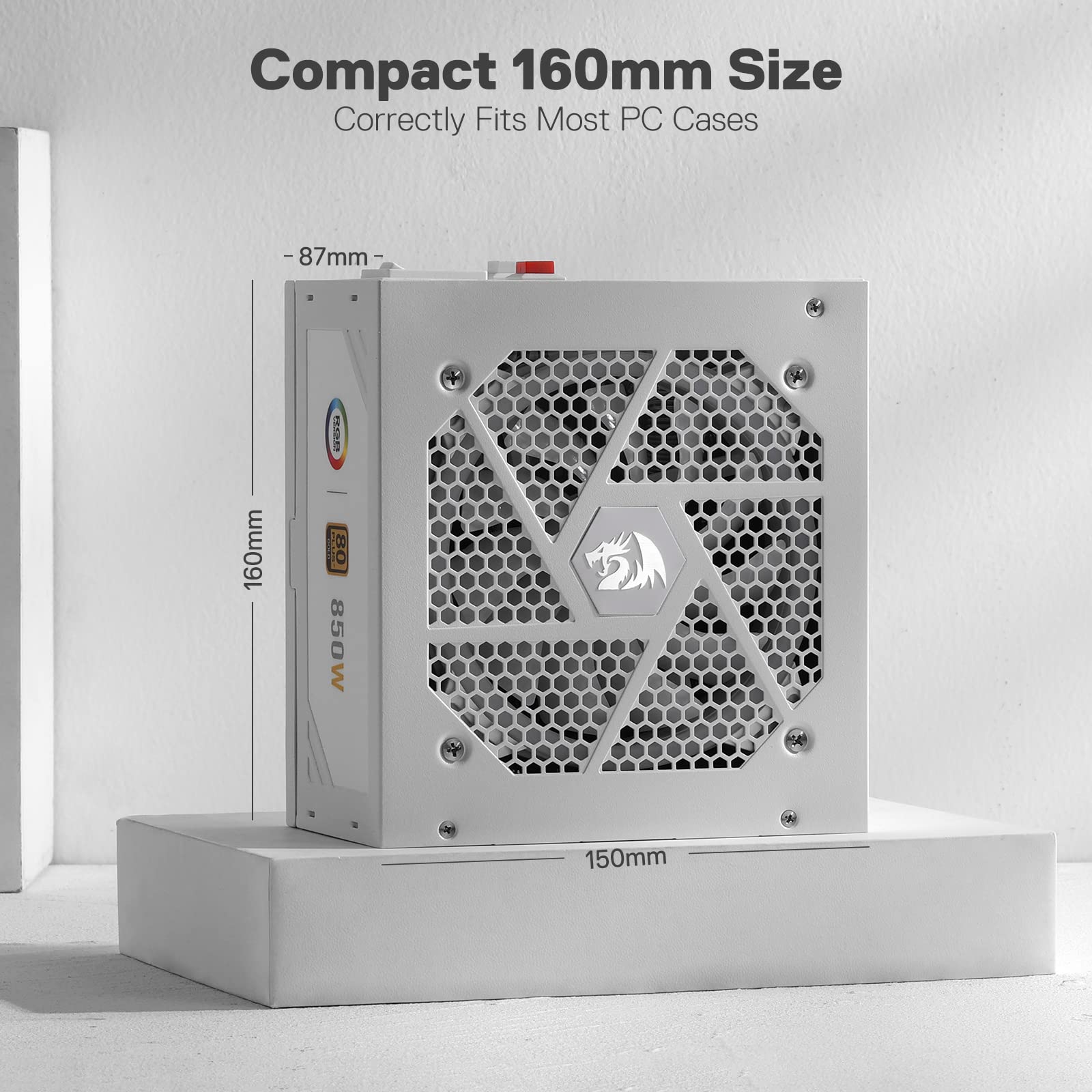 Redragon RGPS-850W 80+ Gold 850 Watt Power Supply w/Upgraded ATX 3.1 & PCIe 5.1 Fully Modular, 12VHPWR Cable Included, 100% Japanese Capacitors, Smart ECO Low Noise RGB Fan, Compact 160mm Size
