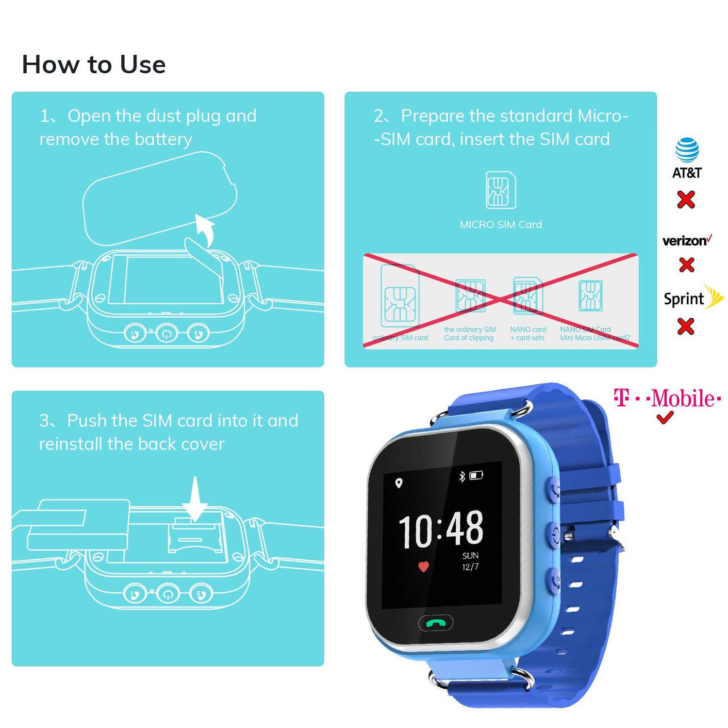 Wonbo Kids Smart Watch, GPS Phone Watch with SIM Slot SOS Call, Real-time Location Finder,Remote Monitor,Watch Remove Alert, Supports Android & iOS (Blue)