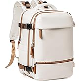 Travel Backpack for Women Men, Flight Approved Carry on Backpack with Shoe Compartment, Waterproof Laptop Backpack Personal Item Travel Bag - Ideal for Weedender, Hiking, Sport & Gym, Beige with Brown