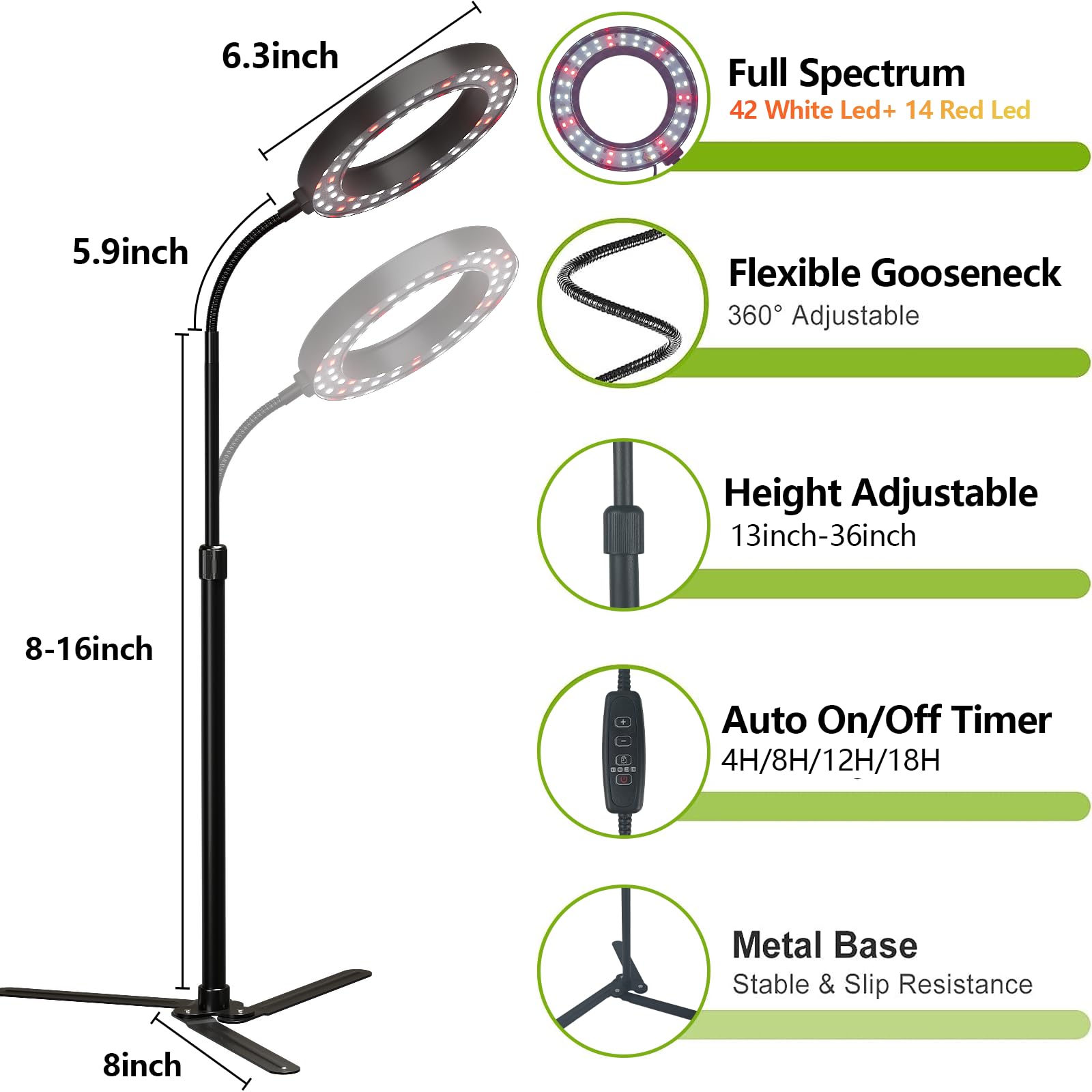 GooingTop Grow Light 50W, 6000K LED White Full Spectrum Plant Growing Lamp for Home Office Indoor Plants,Adjustable Height & Auto Timer 4 8 12Hrs, Ideal for Micro Greens Faster Growth