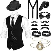 SATINIOR 1920s Mens Costume Roaring Outfit with Gangster Vest Hat Pocket Watch Suspenders for Race Meeting 2026(Medium,Black, Black Stripe)