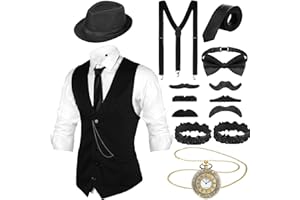 SATINIOR 1920s Mens Costume Roaring Outfit with Gangster Vest Hat Pocket Watch Suspenders for Halloween 2025
