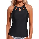 Tempt Me Tankini Top Only High Neck Keyhole Swim Top Bathing Suit | Halter Keyhole Design, Back Hook Closure with Open Back, Removable Pads, Tummy control