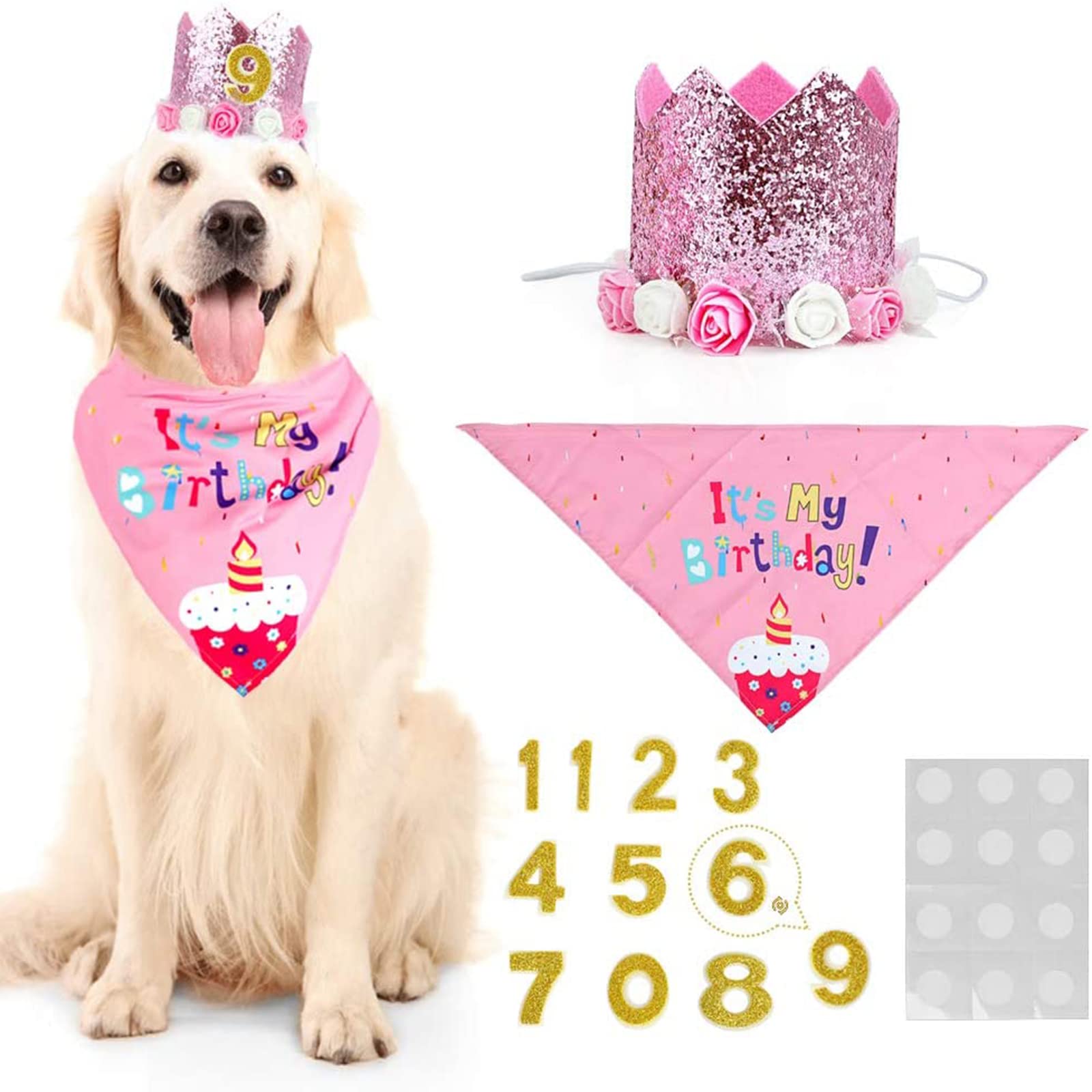 WOVTE Dog Birthday Hat, Cat and Dog Birthday Bandana Cute Pink Flower Crown Hat Pet Party Supplies Celebration Decoration — image 1