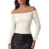 QINSEN Womens Lace Trim Off Shouder Top Long Sleeve Double Lined Y2k Trendy T Shirts