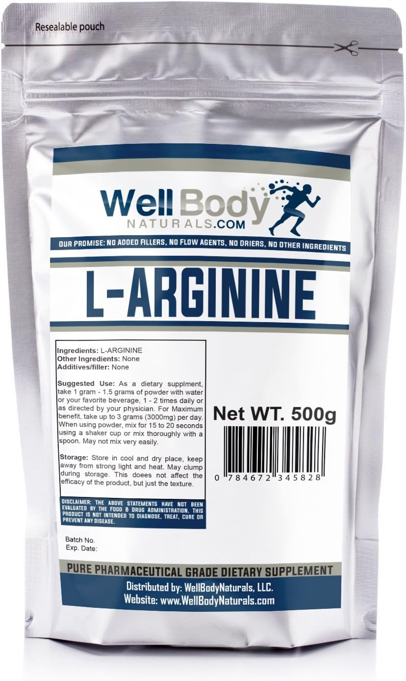 WellBodyNaturals Pure L-Arginine Base Powder (500 Grams)