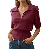 Saodimallsu Womens Polo Sweater Top Summer Short Sleeve Button V Neck Collared Trendy Loose Knit Ribbed Hem Tops