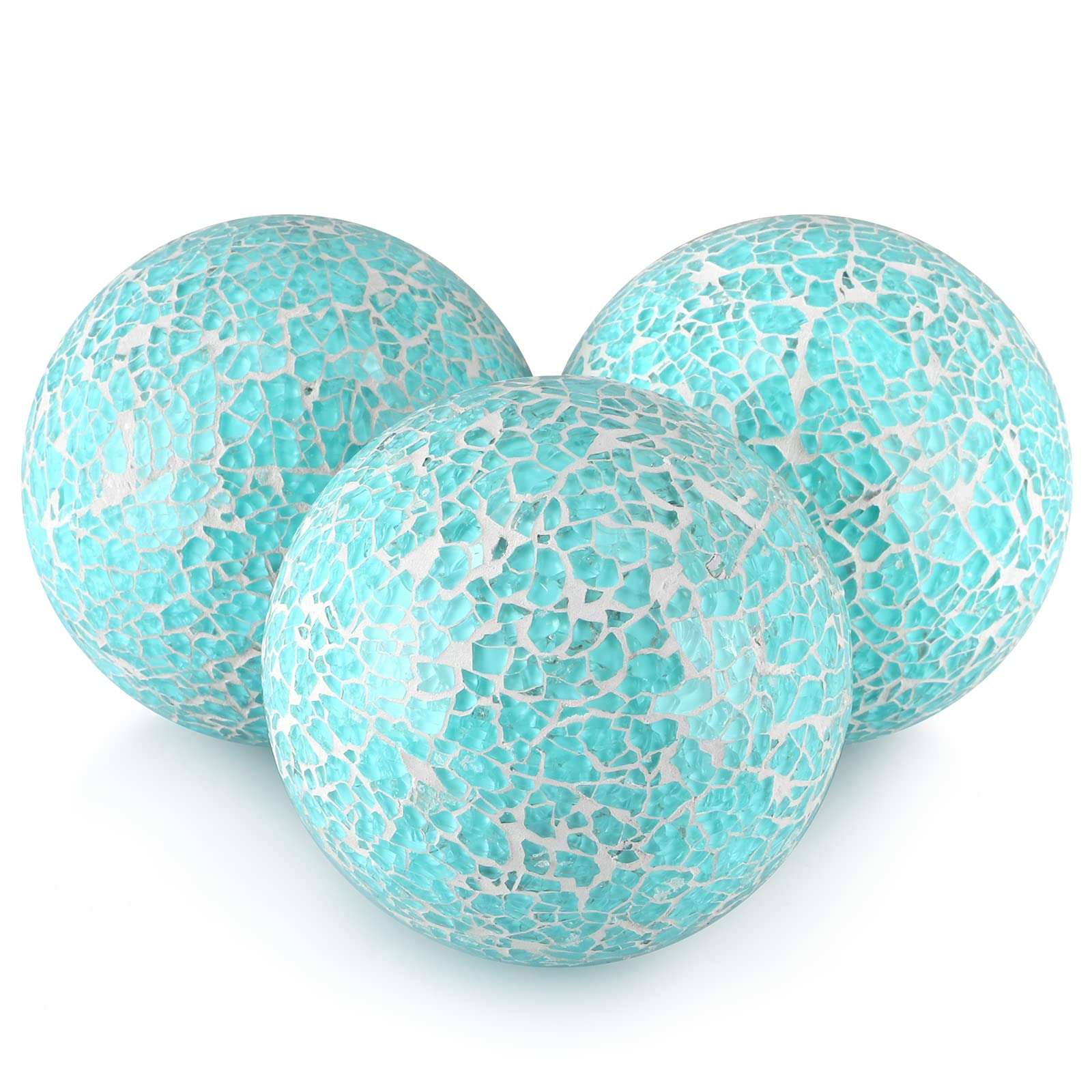 MDLUU 3 Pcs Mosaic Balls, 10cm Decorative Orbs for Bowl, Sphere Balls with Glass Mosaic for Home Decor, Party Ornament, Wedding Centerpiece (Teal Blue)