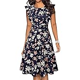 YATHON Women's Vintage Ruffle Floral Flared A Line Swing Casual Cocktail Party Dresses
