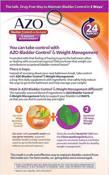 AZO BLADDER CONTROL WITH GO-LESS® & WEIGHT MANAGEMENT DIETARY SUPPLEMENT | HELPS REDUCE OCCASIONAL URGENCY* | PROMOTES HEALTHY METABOLISM* | SUPPORTS A GOOD NIGHT’S SLEEP* | 48 CAPSULES