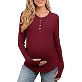 FMEYOA Women's Maternity Shirts Casual Long Sleeve Round Neck Button Side Ruched Pregnancy Clothes S-XXL