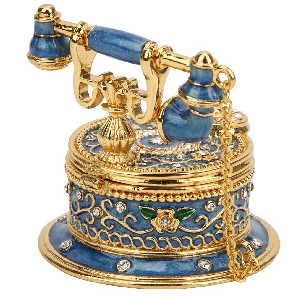 Tiiyee Vintage Hinged Telephone Trinket Box, Hand-Painted Zinc Alloy Enamel Jewelry Box with Rhinestones, Miniature Retro Decorative Ornament Gift Idea for Home Decor Cafe Bar Window Display Gift