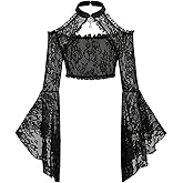OYOANGLE Women's Floral Lace Shrug Mesh Bell Long Sleeve Halter Y2K Goth Crop Tops Concert Outfits