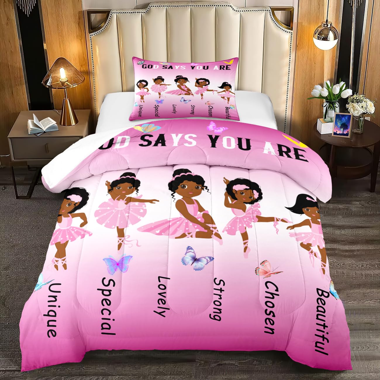 Photo 1 of African American Ballerina Comforter Set Black Girls Bedding Set Ultra Soft Microfiber Breathable Pink Comforter Set Kids Comforter Sets For Girls for Princess Room Decor Twin with 1 Pillowcase