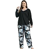 Vozanet Women Plus Size Pajama Sets Sexy V Neck Long Sleeve Long Pants Sleepwear Elegant Floral Pattern Jammies Size XL to 5X