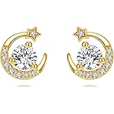 DOVRAN 14K Real Gold Moon and Star Earrings Solid Yellow Gold Crescent Moon Stud Dainty Jewelry Mother's Day Gifts for Women
