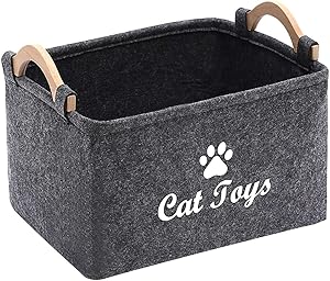 Xbopetda Fiber Soft Felt Cat Storage Basket Bin Organizer - with Wooden Handle- Pet Supplies Storage Basket-Cat-Grey
