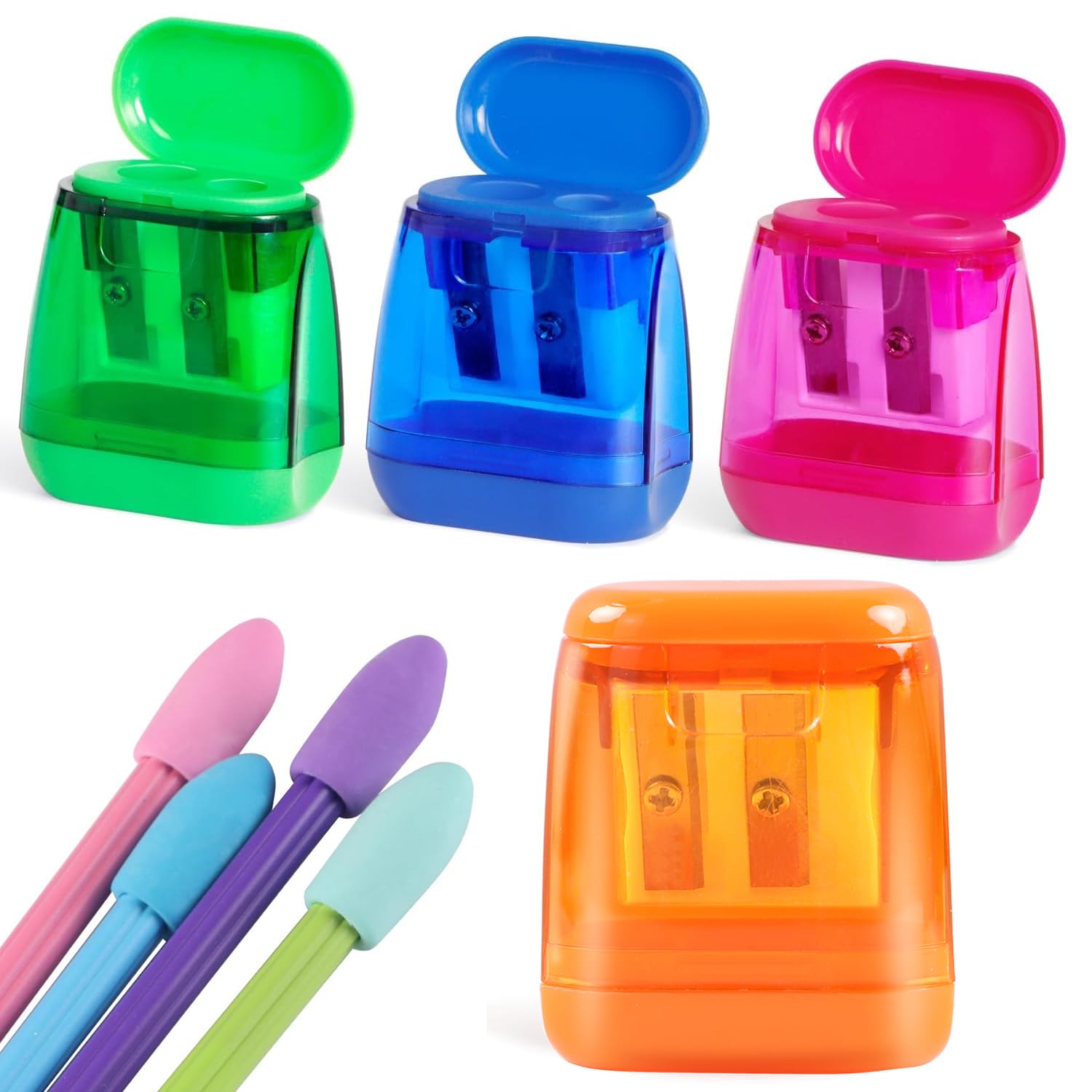 Pencil Sharpener, Manual Pencil Sharpeners, 4PCS Colorful Compact Dual Holes Pencil Sharpeners with Lid, Colored Pencil Sharpener for Kids & Adults, Portable Pencil Sharpener for Travel School Office
