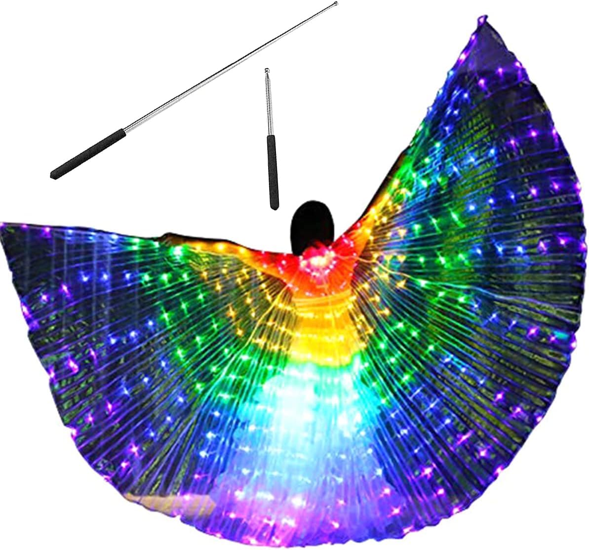 LED Isis Wings Belly Dance Wings Glow Angel LED Butterfly Wings with 2 Light Mode & Telescopic Sticks Glowing Light Up Performance Clothing for Carnival Stage Cosplay (Colorful Light, Adult)